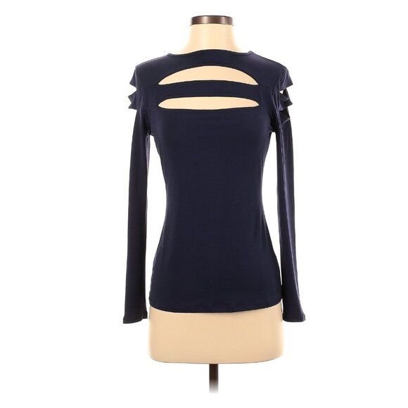 Venus Navy Blue Cutout Stretch Knit Long Sleeve Top Shirt Blouse Size Small Sexy - Picture 1 of 5